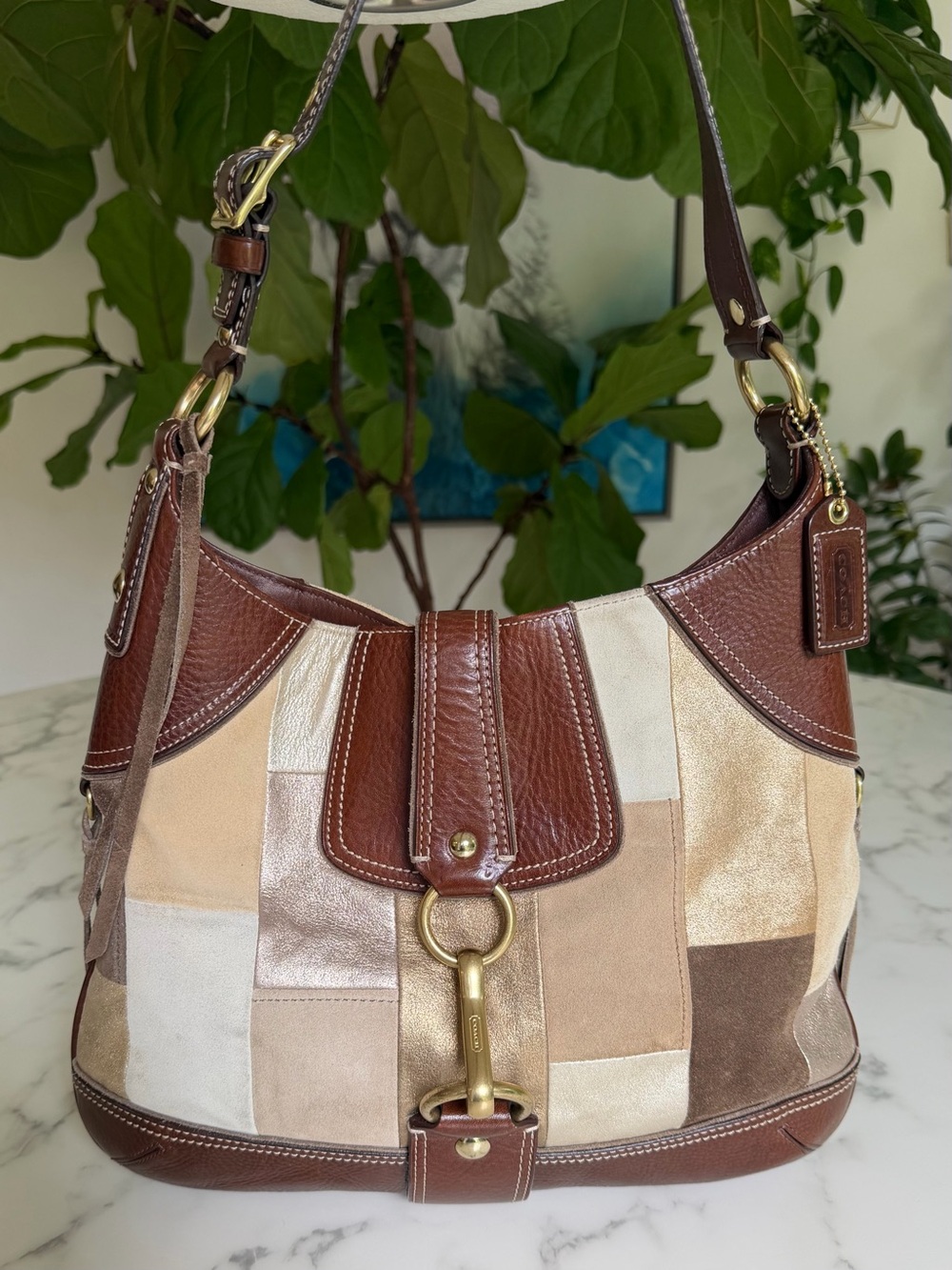 Coach Vintage Y2K Hamptons Mosaic Patchwork Large Carryall Clip Hobo Bag 10308